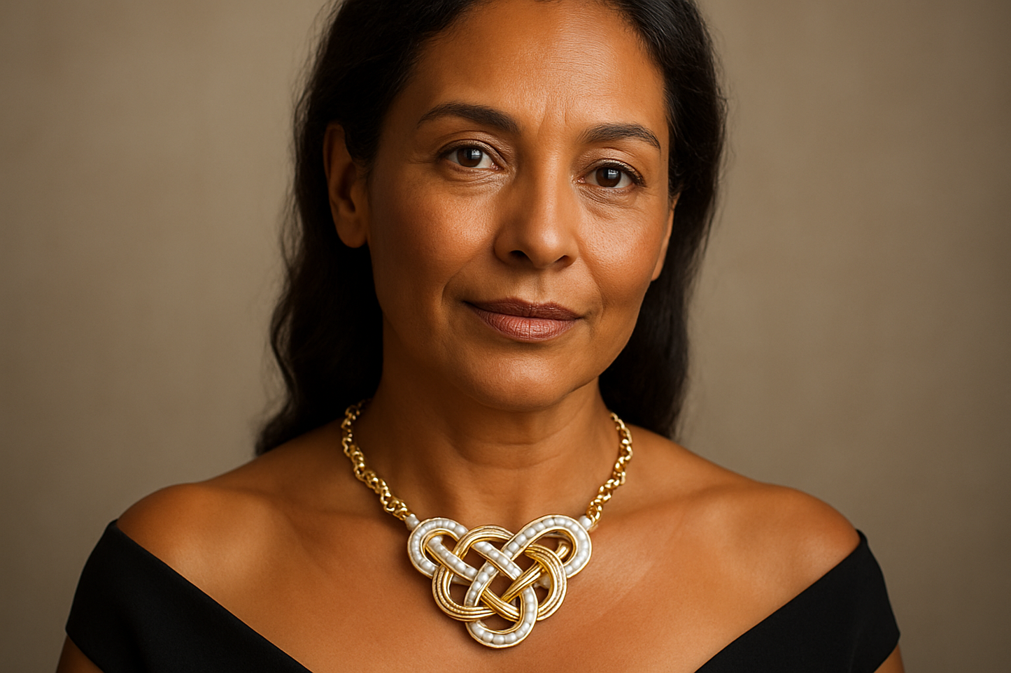 A copper skin woman in her late 40s dressed in an exotic white or gold love knot necklace