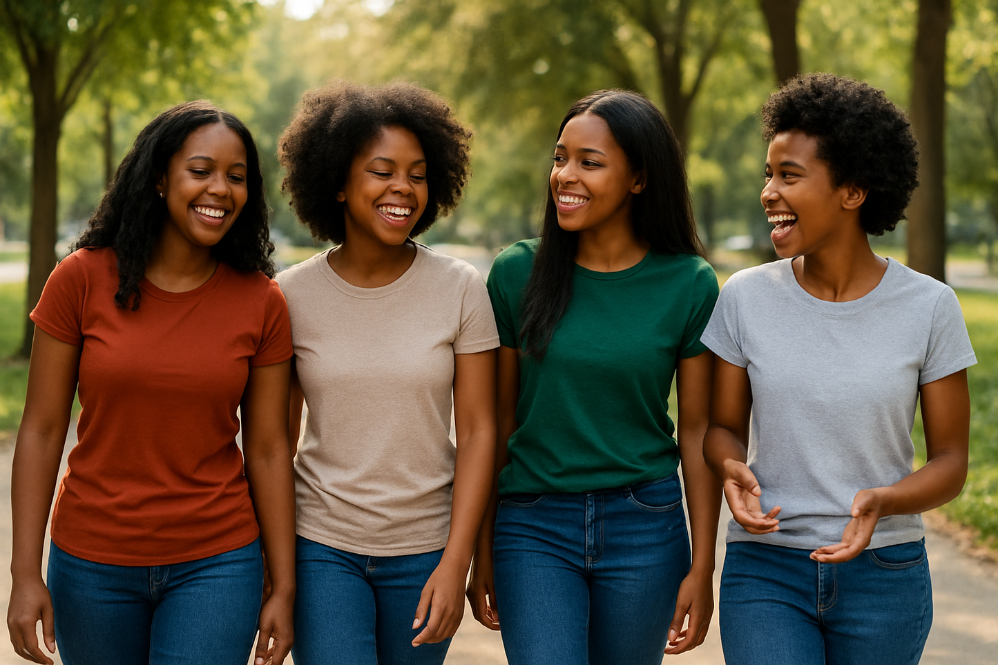 A group of chocolate young women wearing tees  as they stroll together chatting