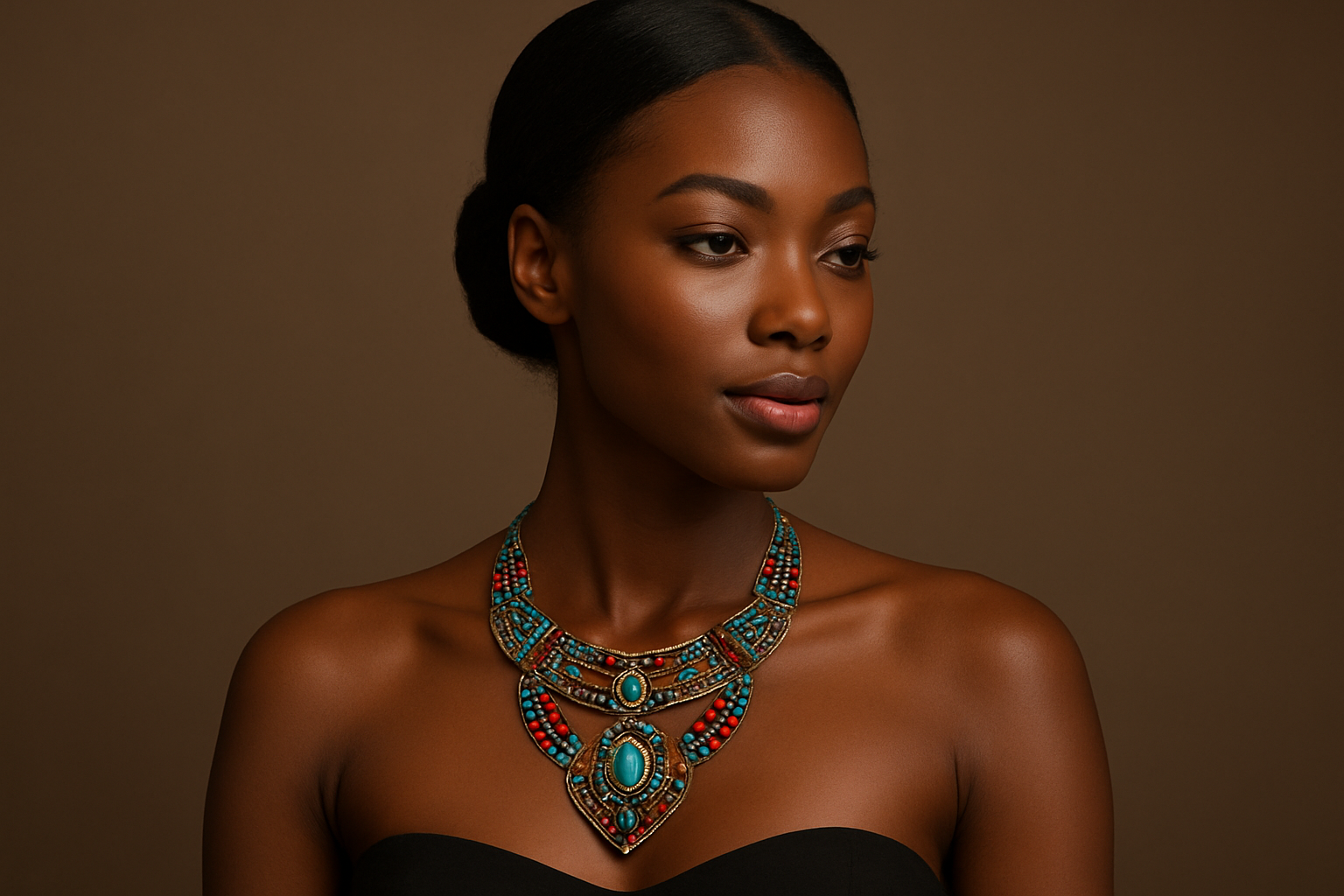 The young chocolate skin woman flaunting her exotic necklace